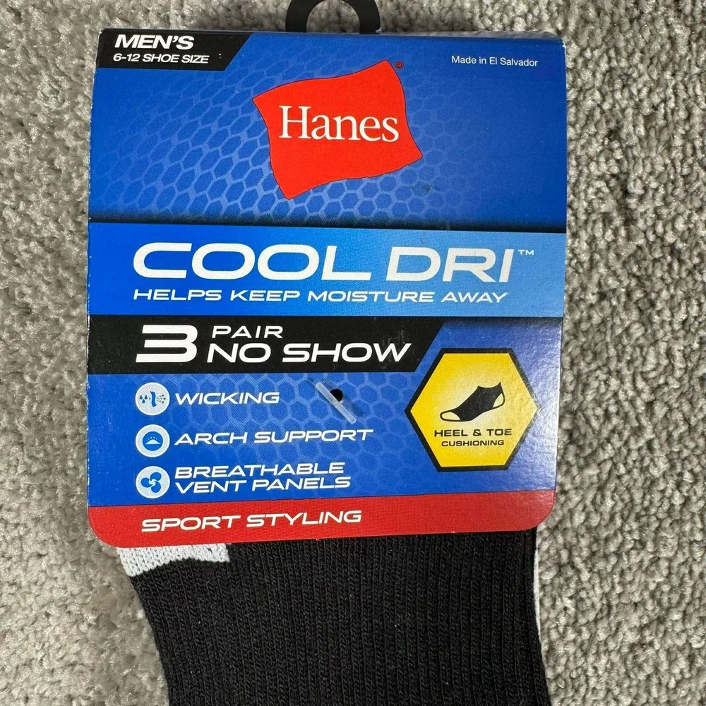 Hanes‎ Cool Dri Socks Black No Show Arch Support Men 6-12 - 3 Pair